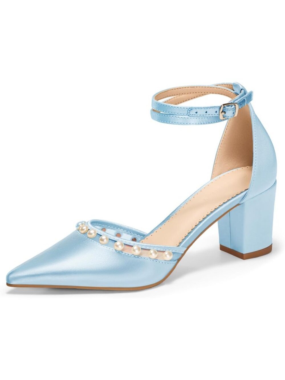 Women's Sky Blue Pearl Chunky Heels Closed Pointed Toe Ankle Strap Shoes